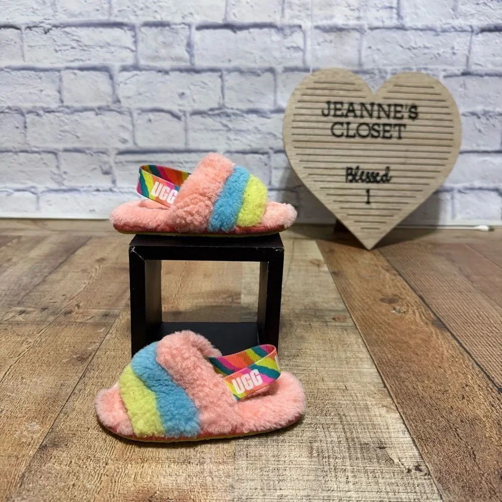 UGG FLUFF YEAH SLIDE LITTLE KID SIZE 8 PEACH BLISS MULTI SLINGBACK WOOL SANDAL
